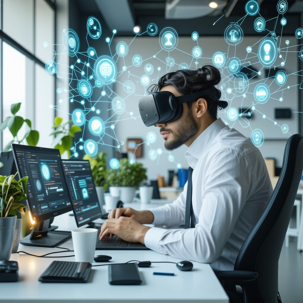 Futuristic workspace showing augmented reality symbols around a professional enhancing motivation and productivity