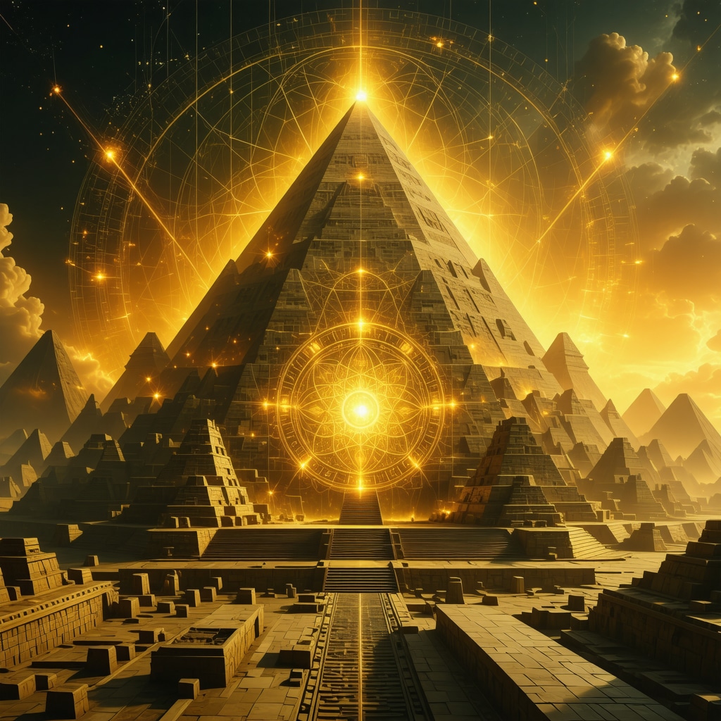 Patrones de geometría sagrada egipcia sobre estructuras de templo mostrando proporción áurea y Flor de la Vida