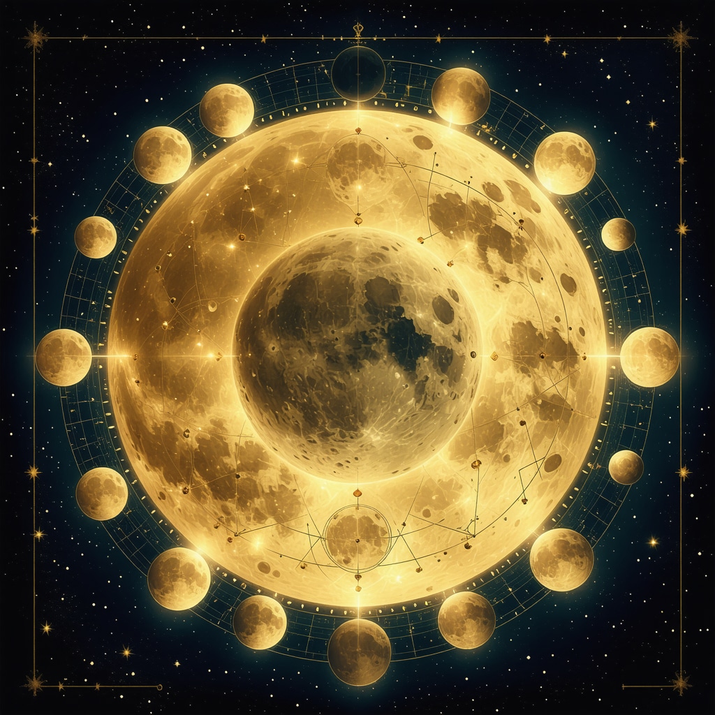 Ancient geometric symbols glowing against a cosmic backdrop with visible moon phases representing lunar influence on destiny