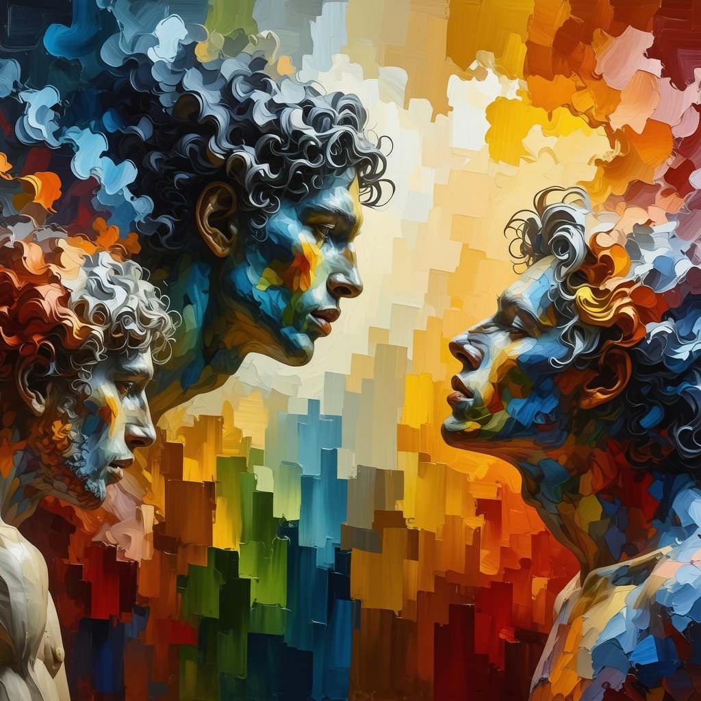 Artistic image showing Greek mythological archetypes merging with modern humans symbolizing inner psychological change