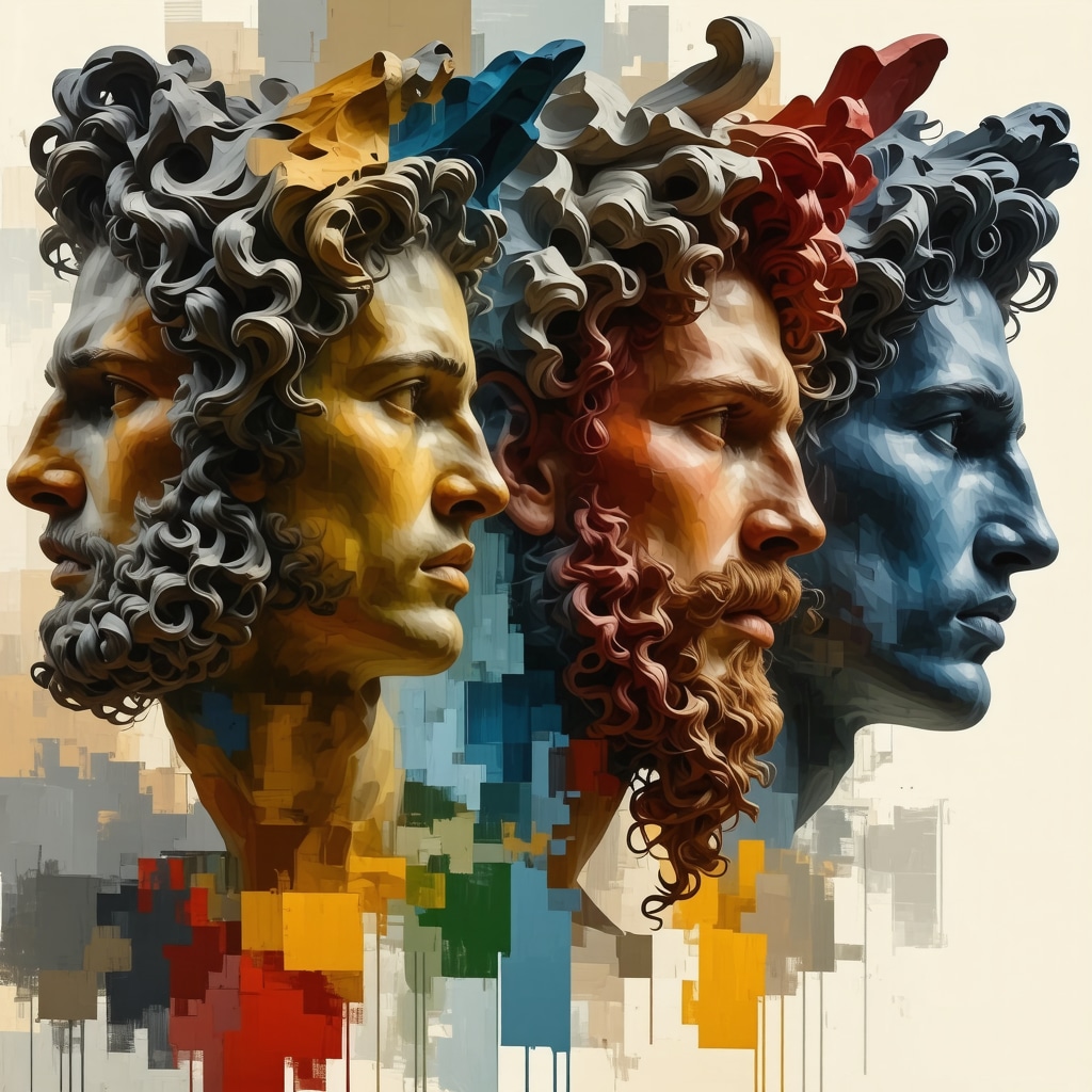 Collage of Greek gods representing archetypes impacting modern psychology and leadership with ancient and digital elements