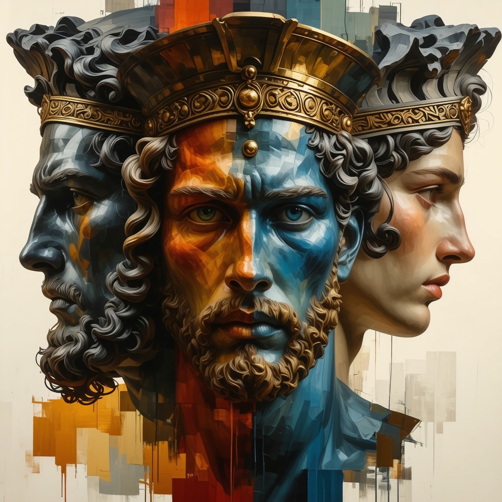 Artistic collage of Greek heroes and archetypes blending mythology and psychology