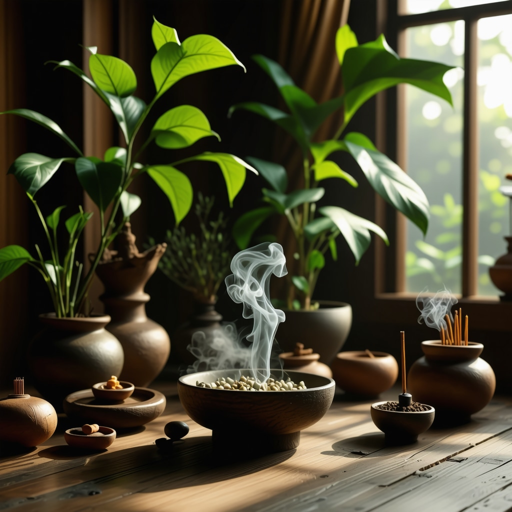 Interior of a cozy home featuring natural amulets, plants, and gentle smoke from incense symbolizing energy and harmony