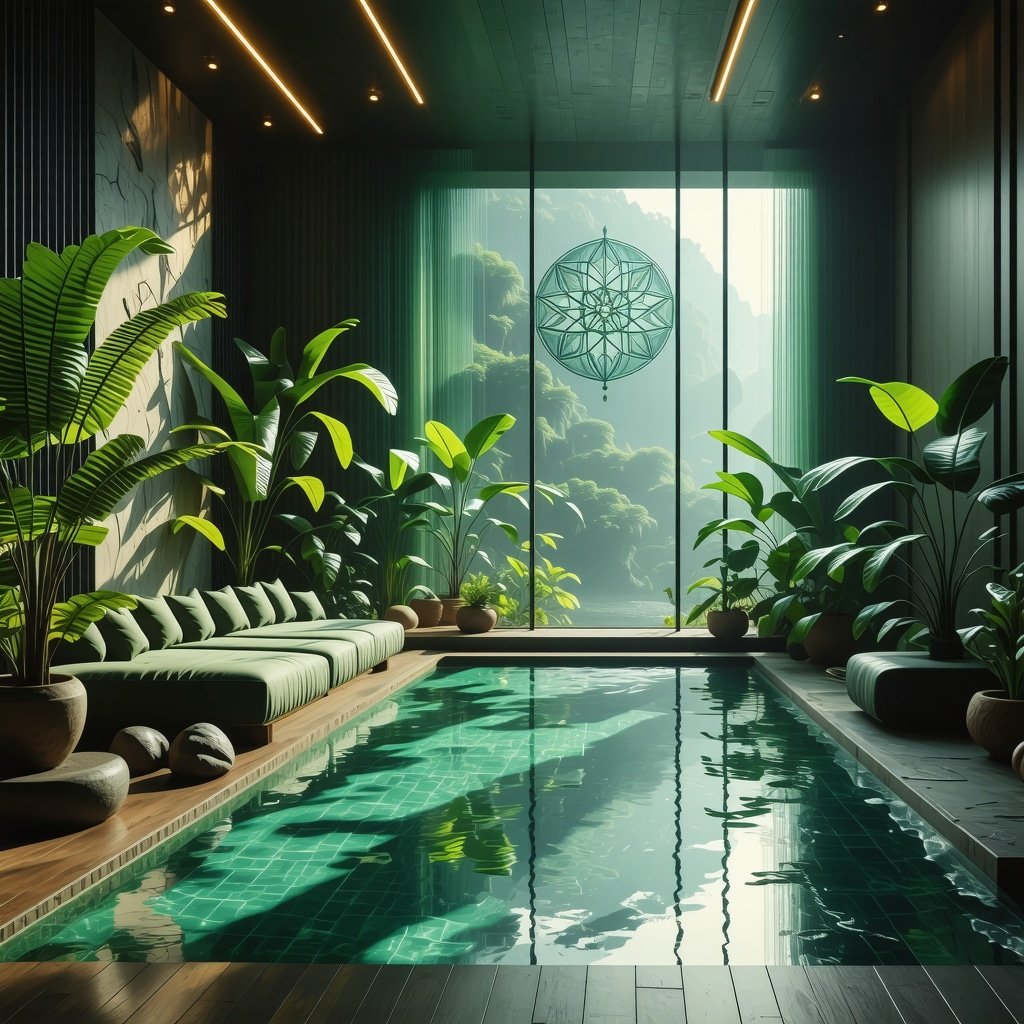 Interior of a home with sacred geometric patterns, plants, and soft natural light symbolizing energy harmony