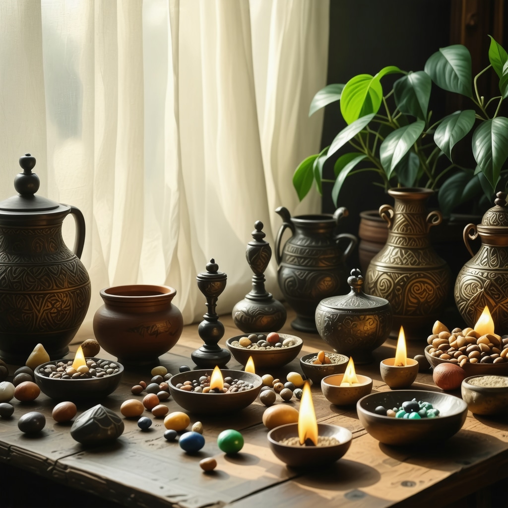 Home interior showing ancient amulets alongside modern energy healing devices with soft natural lighting