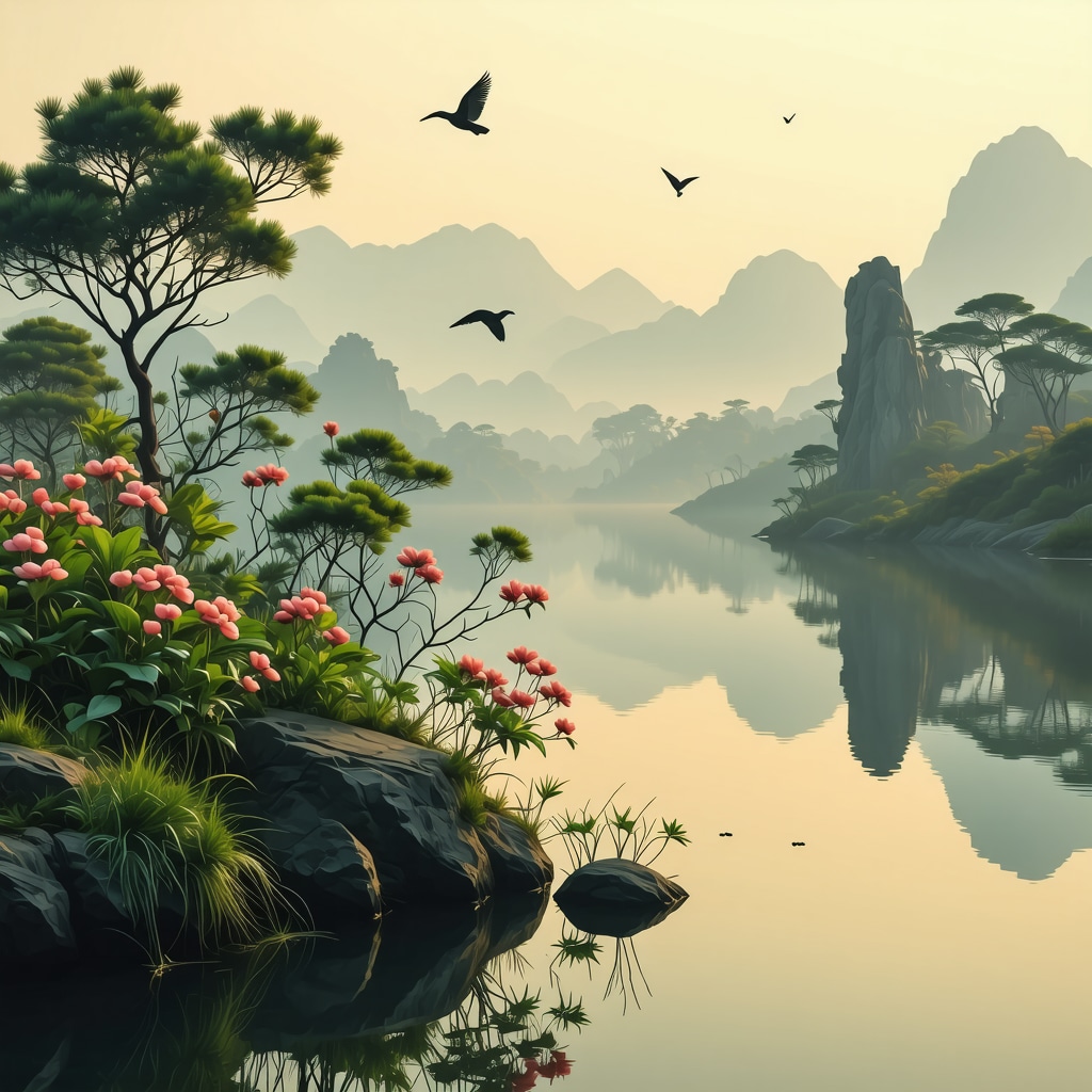 Natural landscape with birds, medicinal plants, and ecological sensors illustrating integration of tradition and science