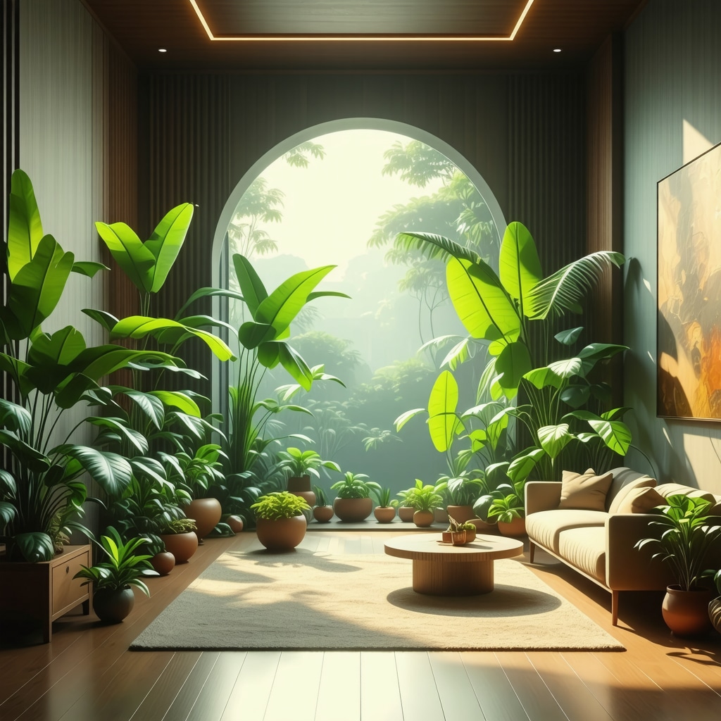 Cozy home interior featuring plants and geometric symbols conveying emotional and spiritual harmony