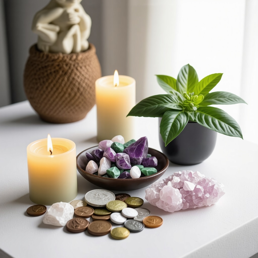 Home altar displaying crystals, ancient coins, basil plant, and candle representing prosperity rituals