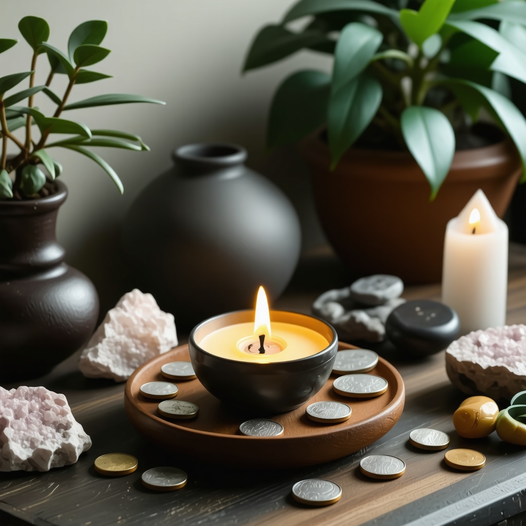 Home altar featuring coins, plants, and crystals glowing with positive energy for August