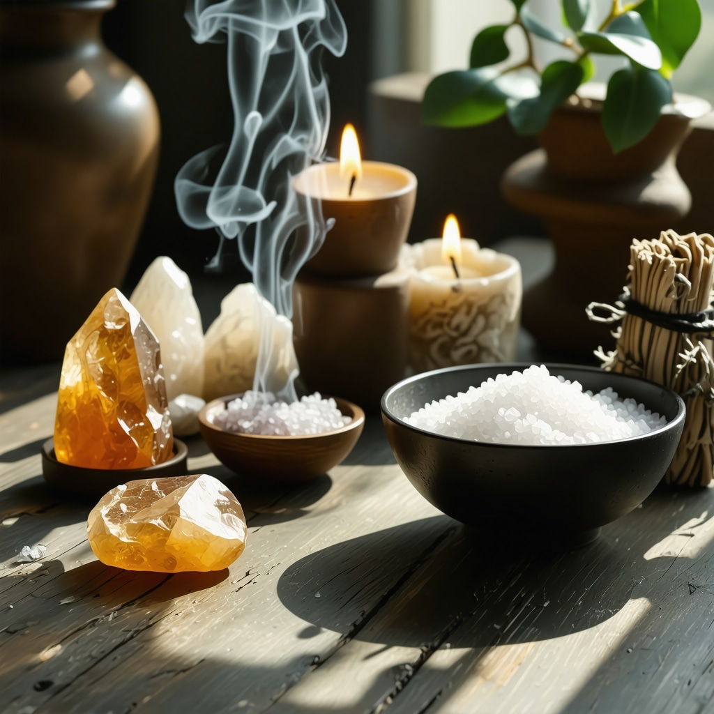 Peaceful home interior with symbolic amulets, citrine crystals, sage smoke, and sea salt bowl representing harmony and positive energy