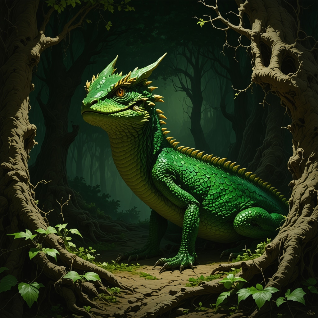 Representación artística del Basilisco, criatura legendaria del folclore español con mirada petrificante