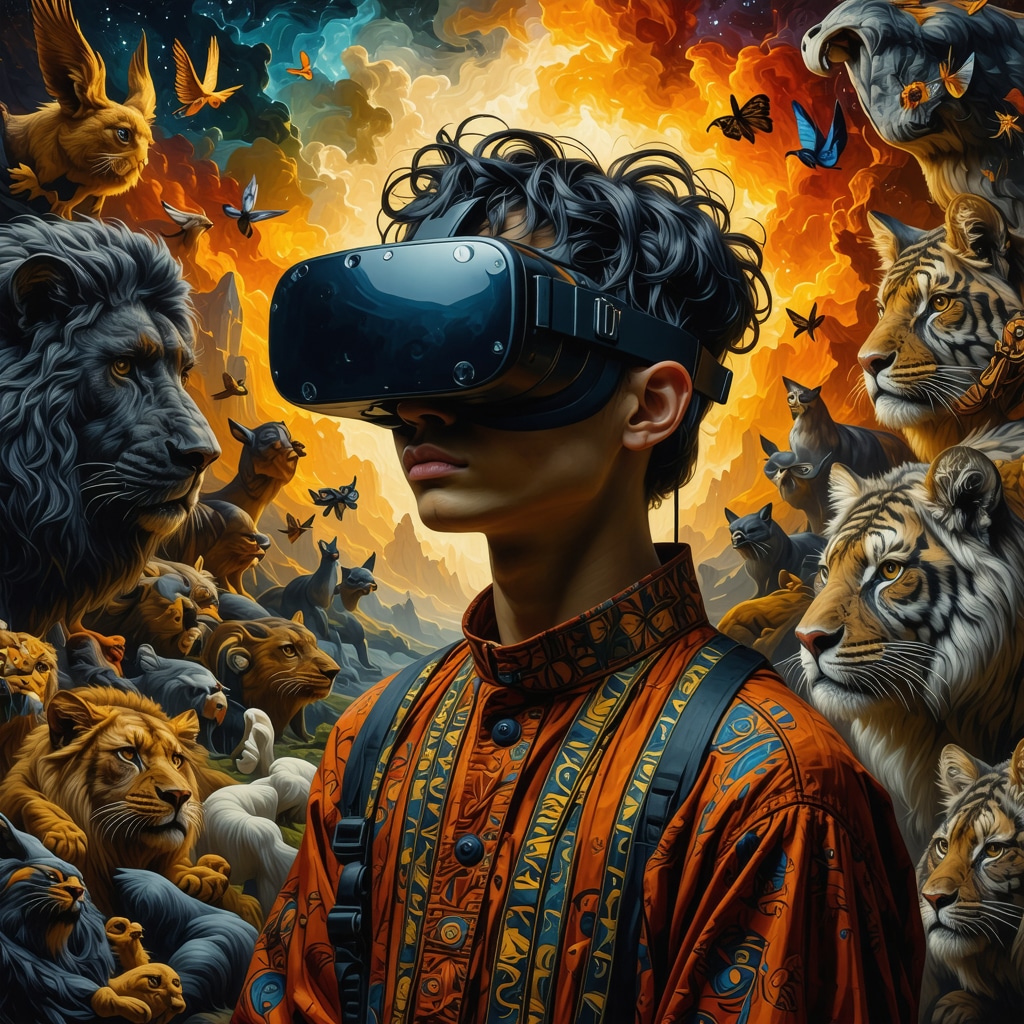 Person using VR headset surrounded by mythological symbols and animals in digital art