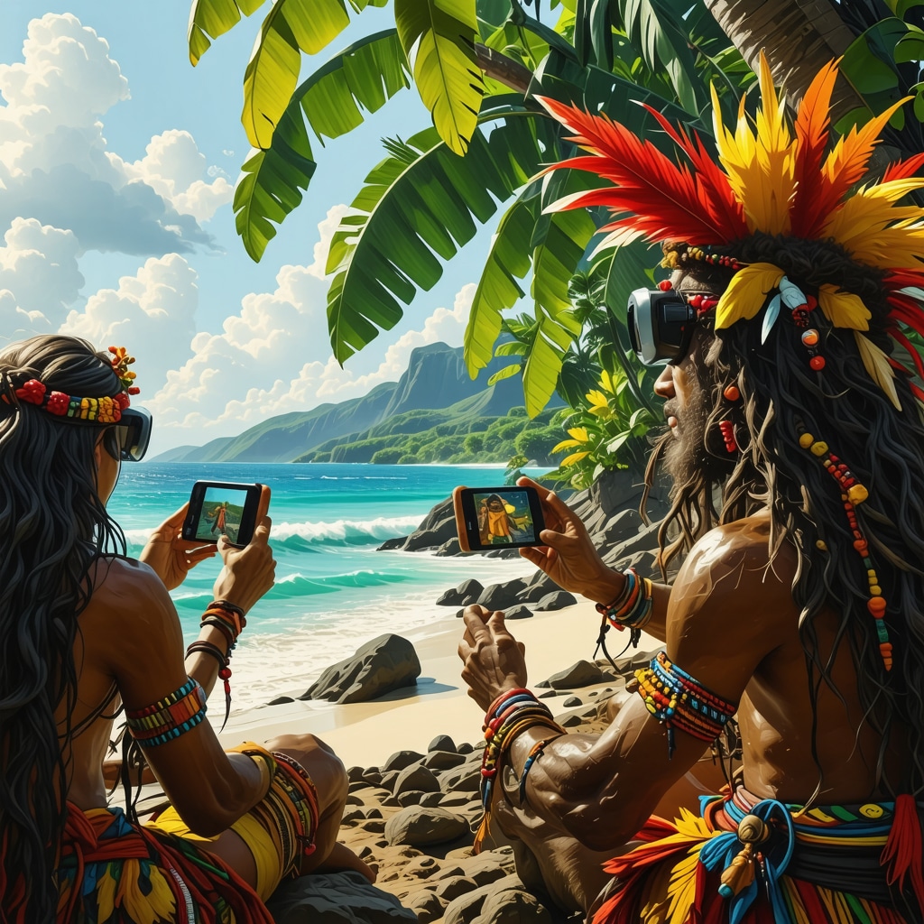 Oceanic indigenous people using AR technology to explore ancestral superstitions and sacred sites on a coastal island