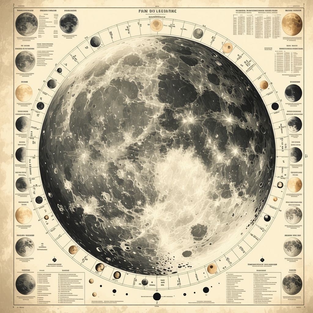 Infographic illustrating lunar phases combined with monthly ritual symbols and brain activity related to fortune rituals