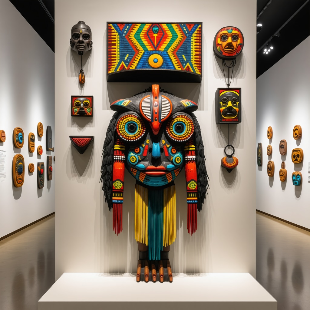 Arte digital que muestra amuletos chilenos tradicionales integrados con efectos de realidad aumentada