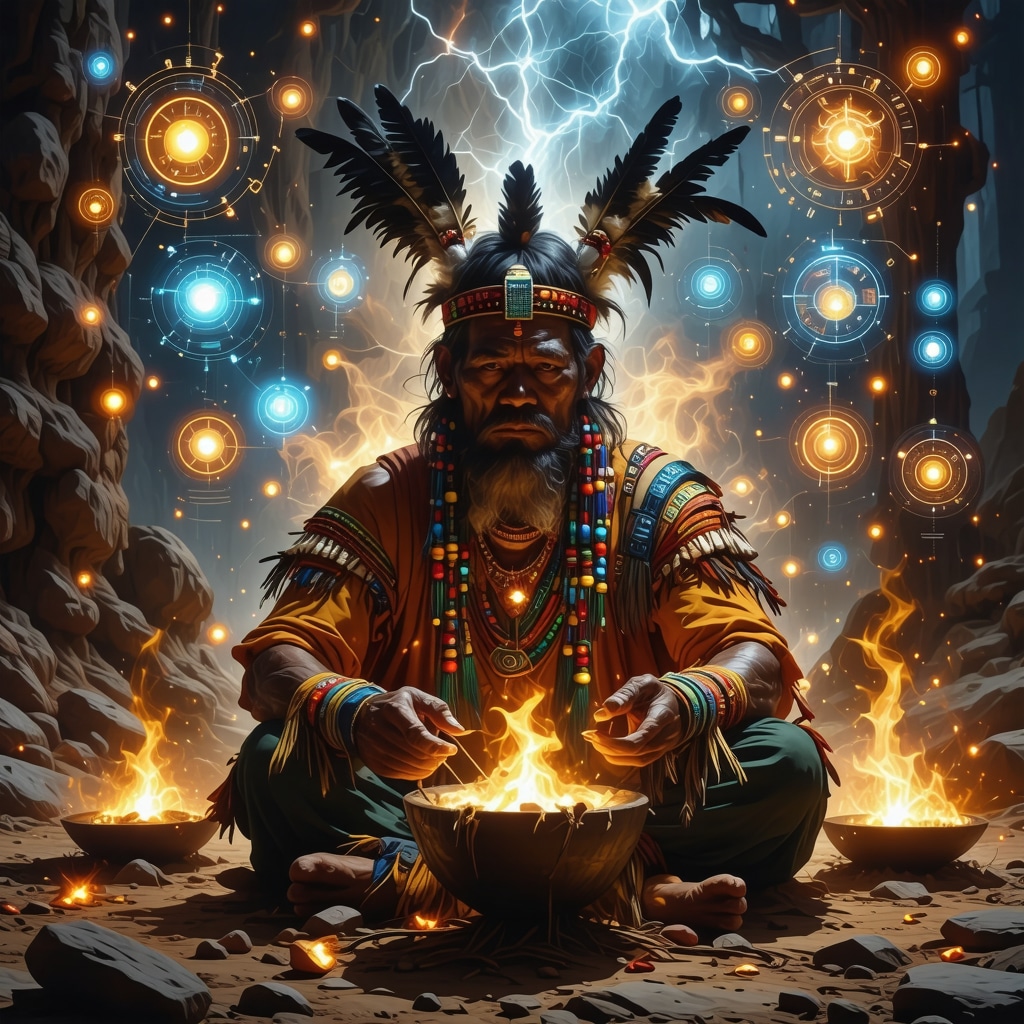 Ilustración digital que muestra a un chamán andino realizando un ritual tradicional combinado con símbolos ancestrales y elementos tecnológicos modernos.