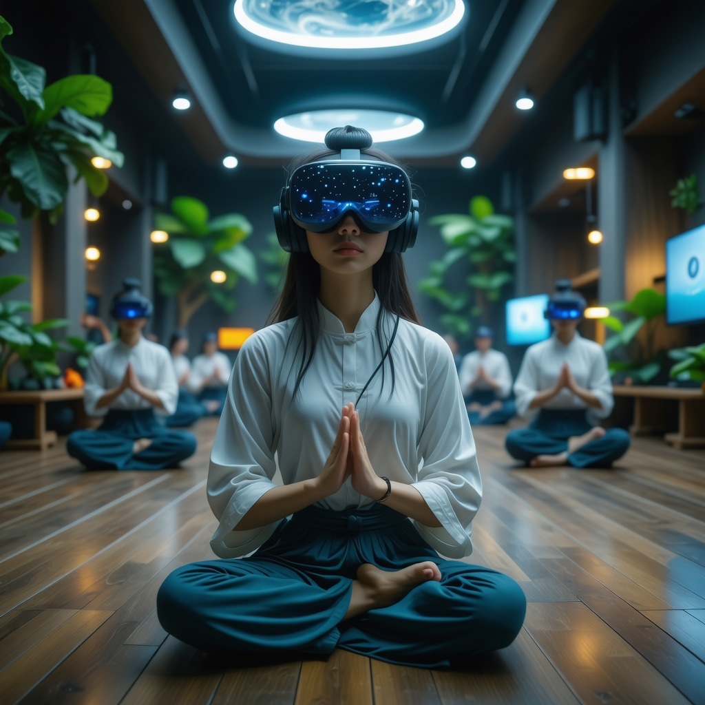 Profesionales en oficina moderna practicando Qi Gong con dispositivos de biofeedback y realidad virtual