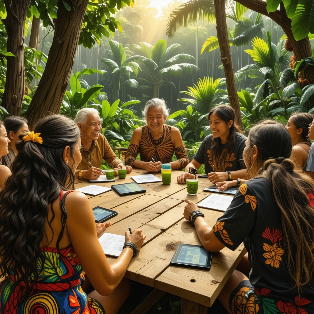 Comunidad neozelandesa integrando símbolos maoríes y tecnología para políticas sociales y ambientales