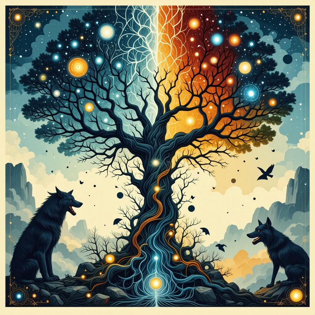 Ilustración conceptual que muestra símbolos mitológicos nórdicos superpuestos con conexiones neuronales cerebrales