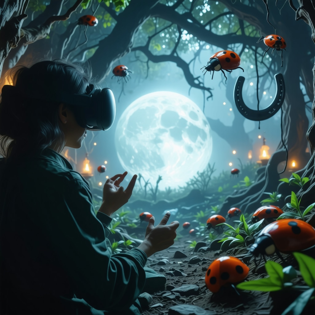 Persona usando realidad virtual interactuando con símbolos supersticiosos españoles tradicionales