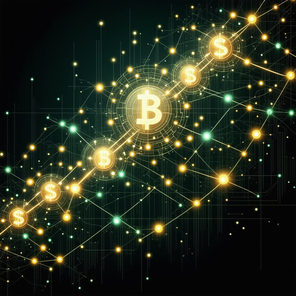 Visualización futurista que combina símbolos de prosperidad con redes neuronales y gráficos financieros