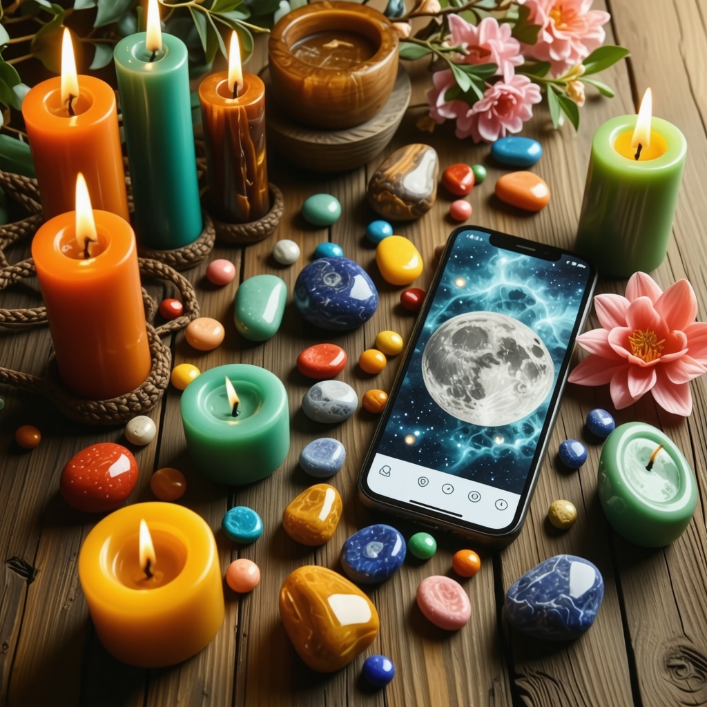 Collage of Brazilian ritual items combined with astrological symbols and a smartphone displaying a lunar calendar app