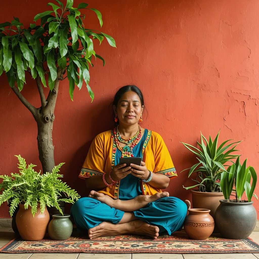 Salvadoran family practicing traditional rituals alongside modern meditation and digital technology
