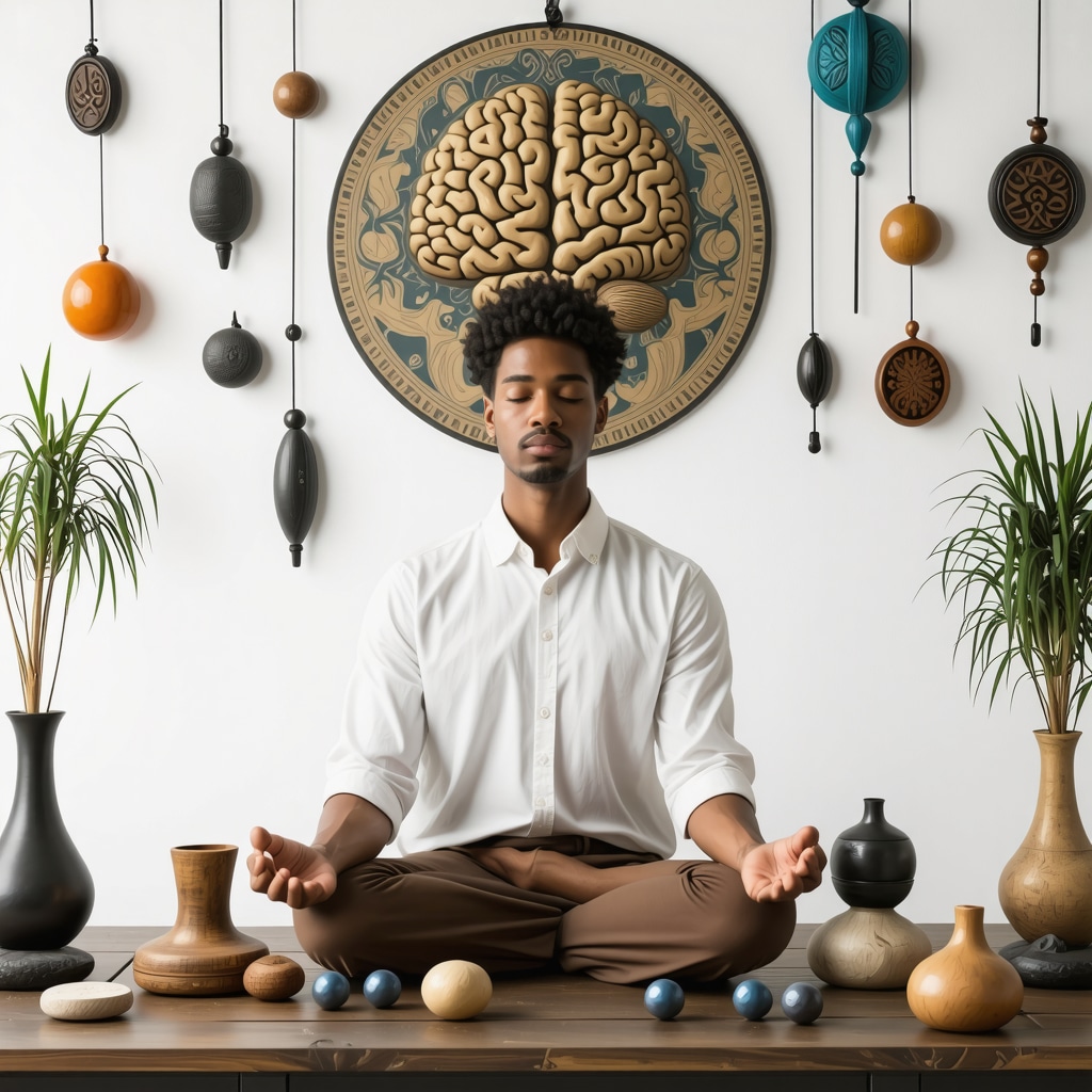 Professional meditating in an office with cultural amulets symbolizing holistic career success