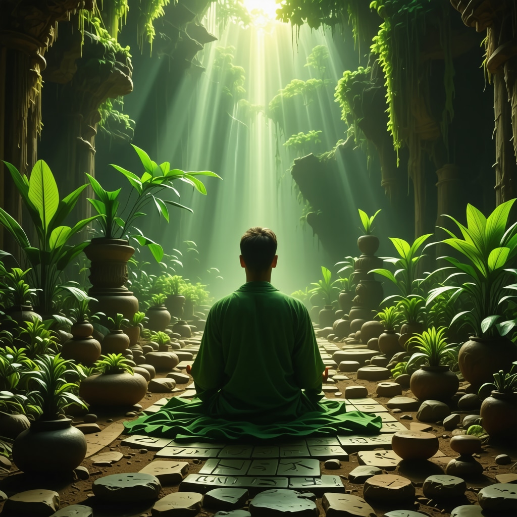 Person meditating among runes and symbolic plants with ethereal light representing oracle interpretation and psychological insight