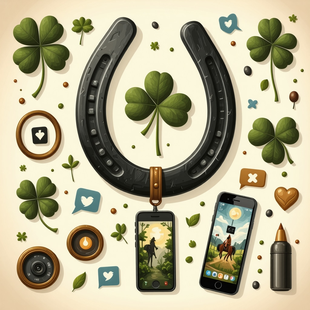 Collage showing traditional Argentine amulets alongside digital devices and social media icons representing modern adaptation of superstitions