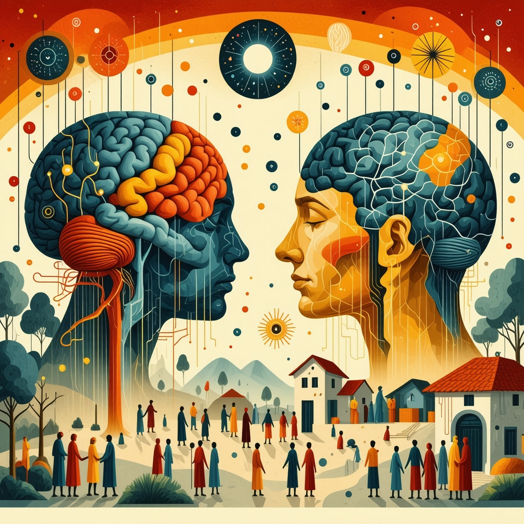 Illustration of community integrating neuroscience, cultural rituals, and seismic technology for earthquake resilience