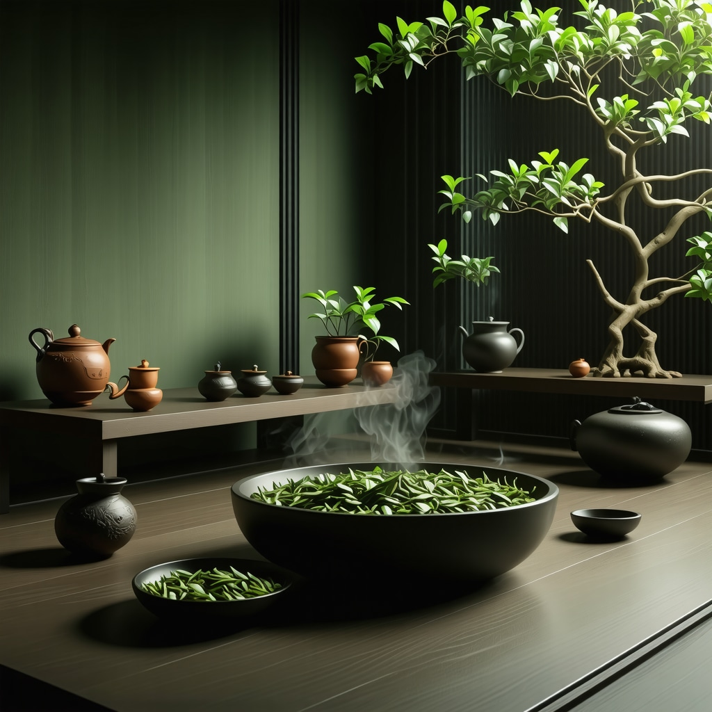 Modern ritual space blending traditional tea leaf reading with biometric devices and ambient lighting