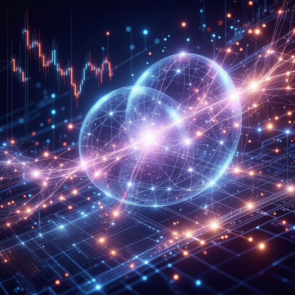 Digital interface showing quantum symbols, financial data, and neural networks illustrating advanced money signal interpretation