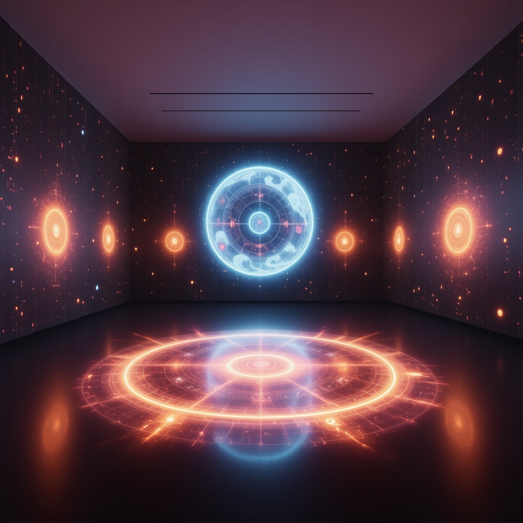 Gallery showing interactive digital art with holograms of ancient symbols and glitch visual effects