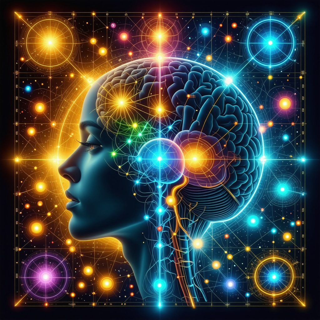 Digital art showing quantum physics, brain neural networks, and mystical love oracle symbols intertwined