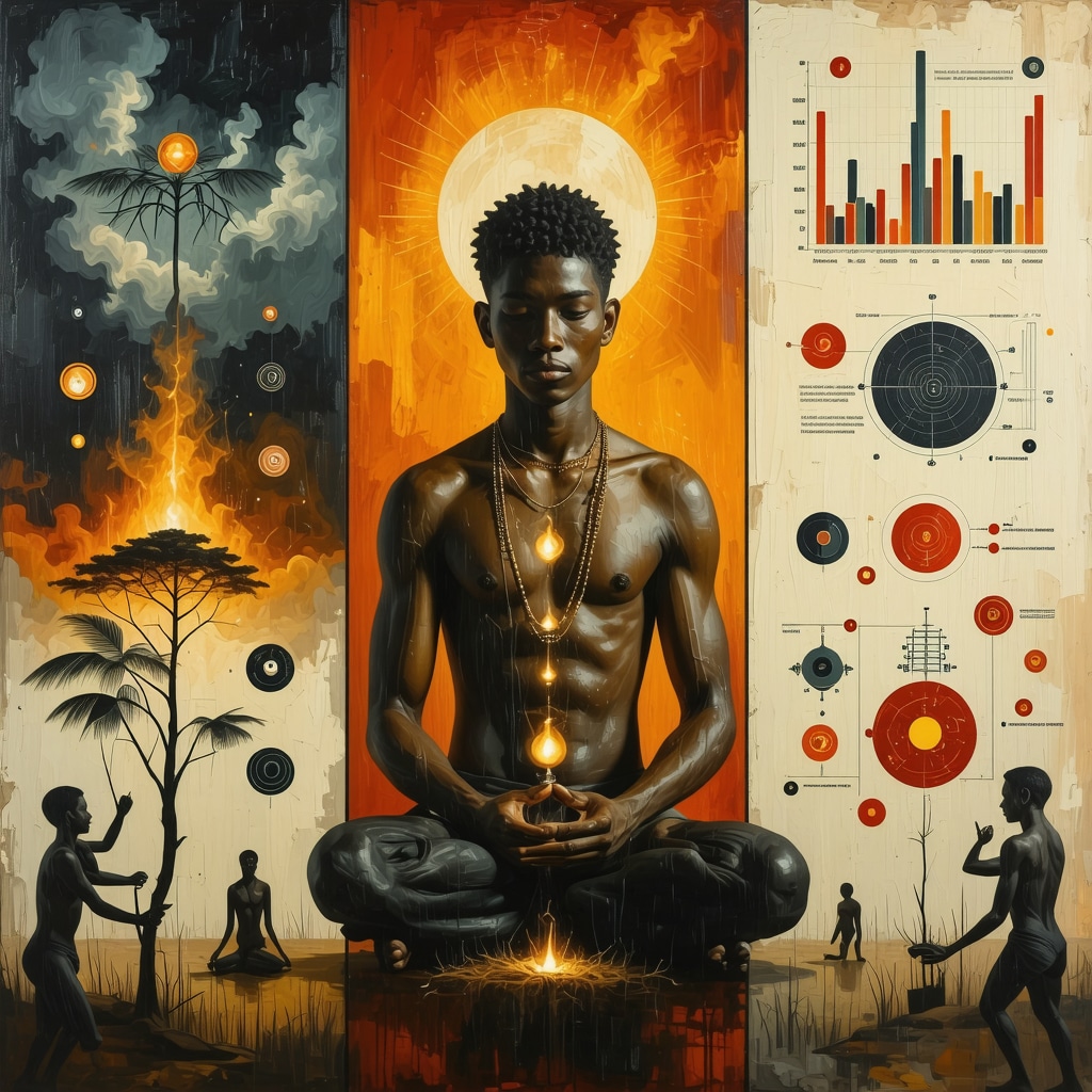 Collage showing Panamanian spiritual symbols, rituals, biometric data, and AI elements symbolizing integrative health research