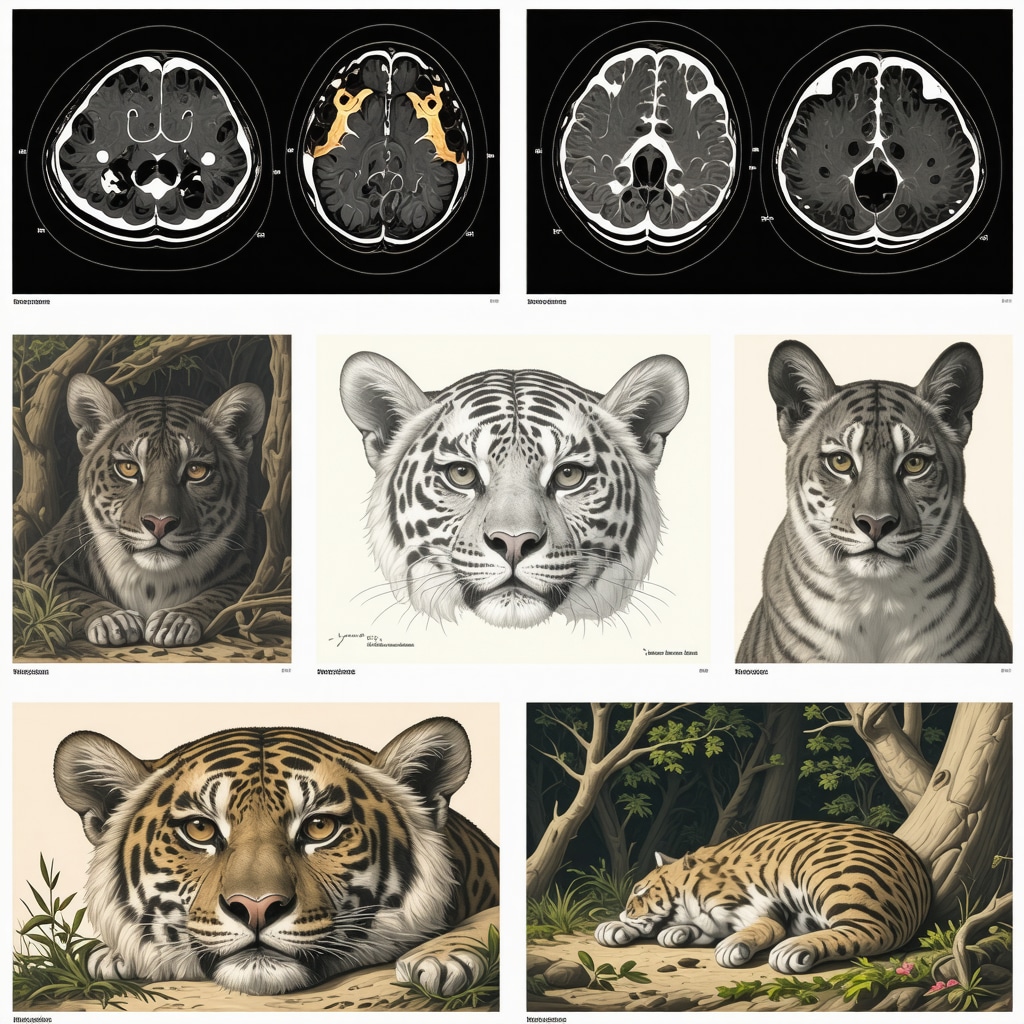 Illustration of sacred animals alongside brain activity and conservation community efforts