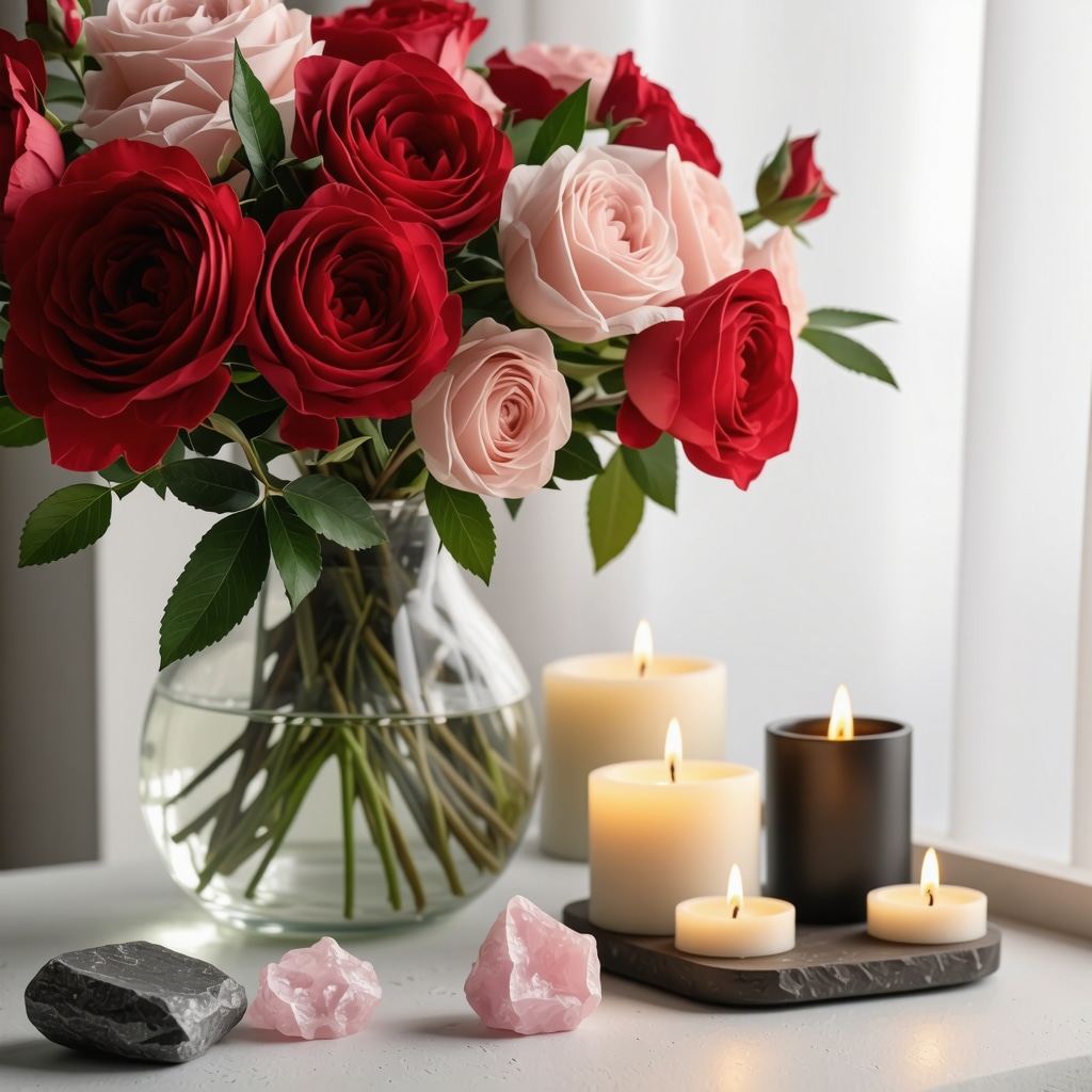 Vaso con rosas frescas en un espacio interior iluminado suavemente junto a cristales y velas que simbolizan equilibrio emocional