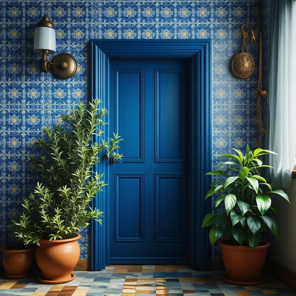 Portuguese home interior decorated with geometric azulejos and rosemary for protection