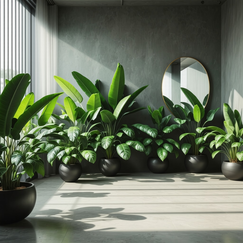 Modern room with mirrors and plants reflecting sunlight to promote harmony and wellbeing