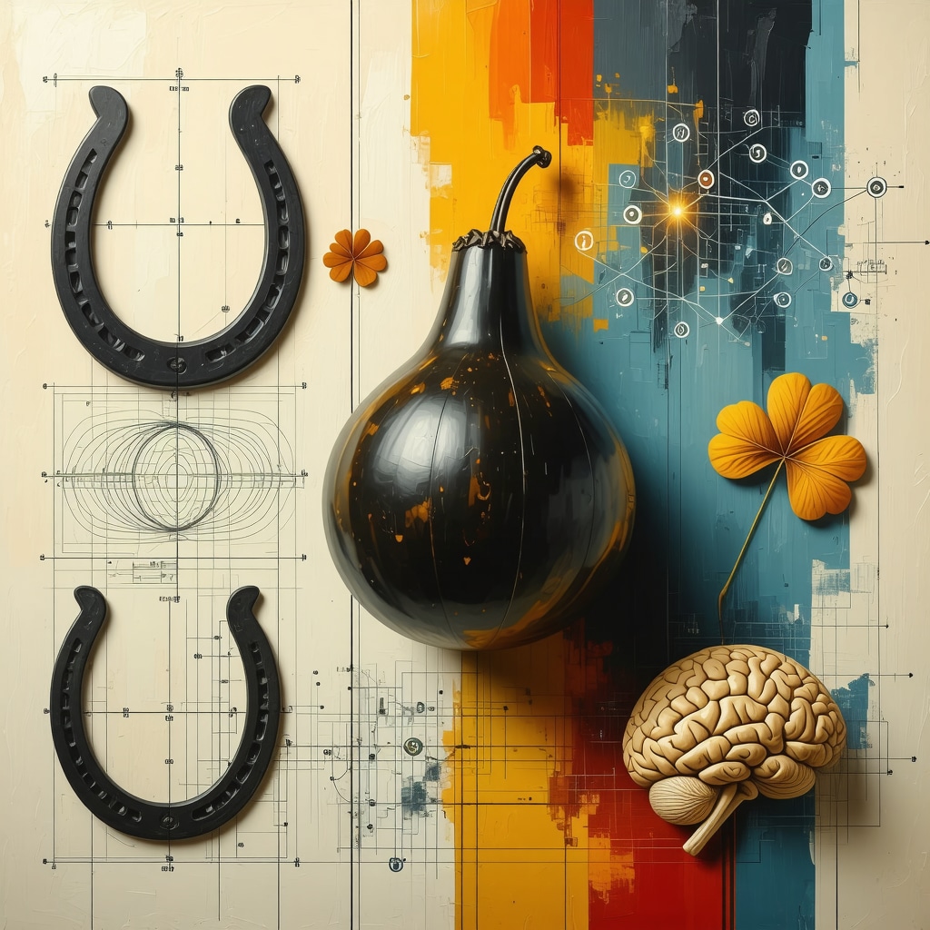 Collage depicting Argentine superstition symbols combined with brain and digital technology imagery
