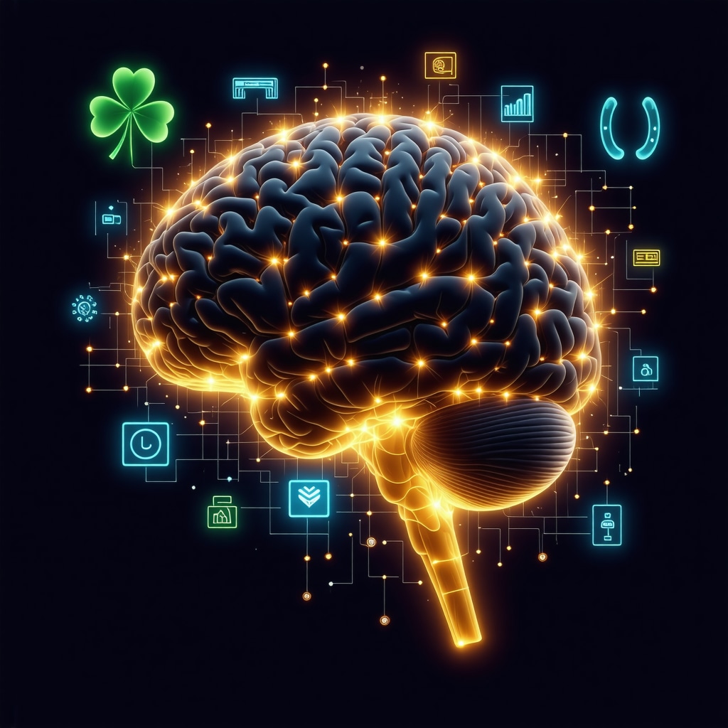Illustration of brain neural circuits connected to superstition and digital technology icons