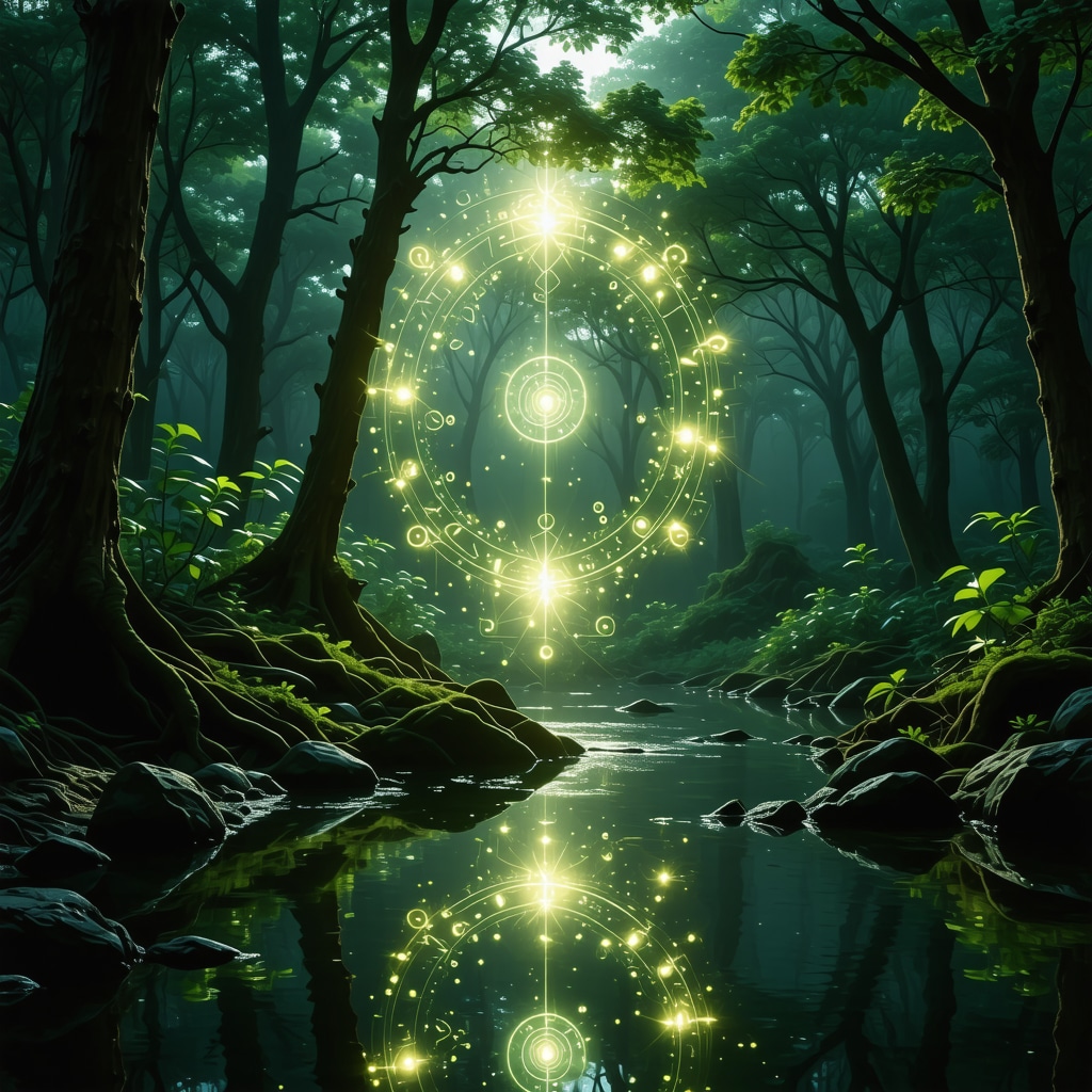 Natural landscape with glowing symbolic patterns representing the fusion of brain activity and spiritual signals