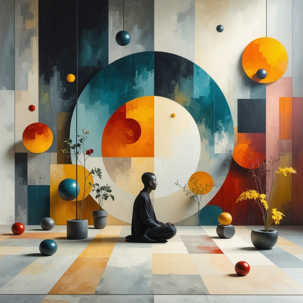 Person reflecting amid geometric symbols and natural motifs symbolizing presagios and intuition