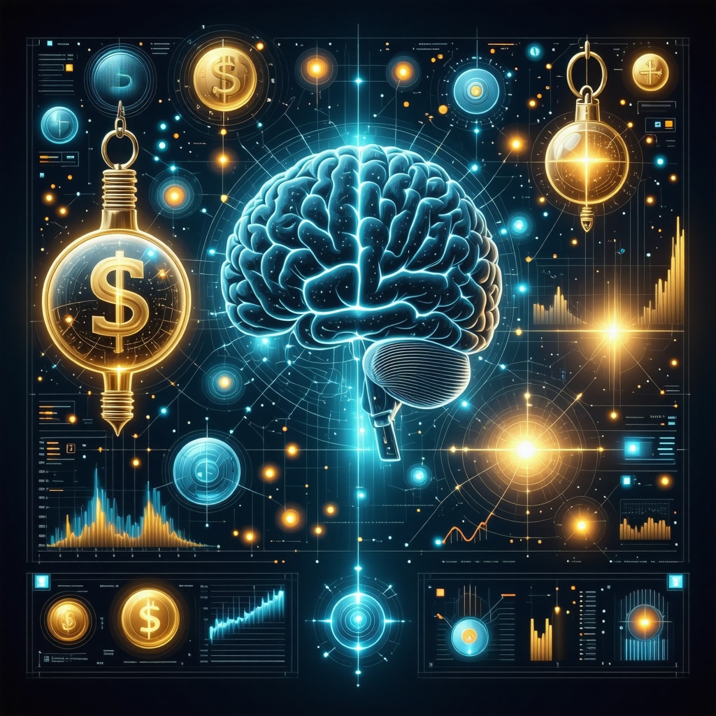 Ilustración digital que muestra amuletos virtuales, gráficos financieros y fondos cósmicos que representan la conexión entre neurociencia, tecnología y supersticiones de dinero