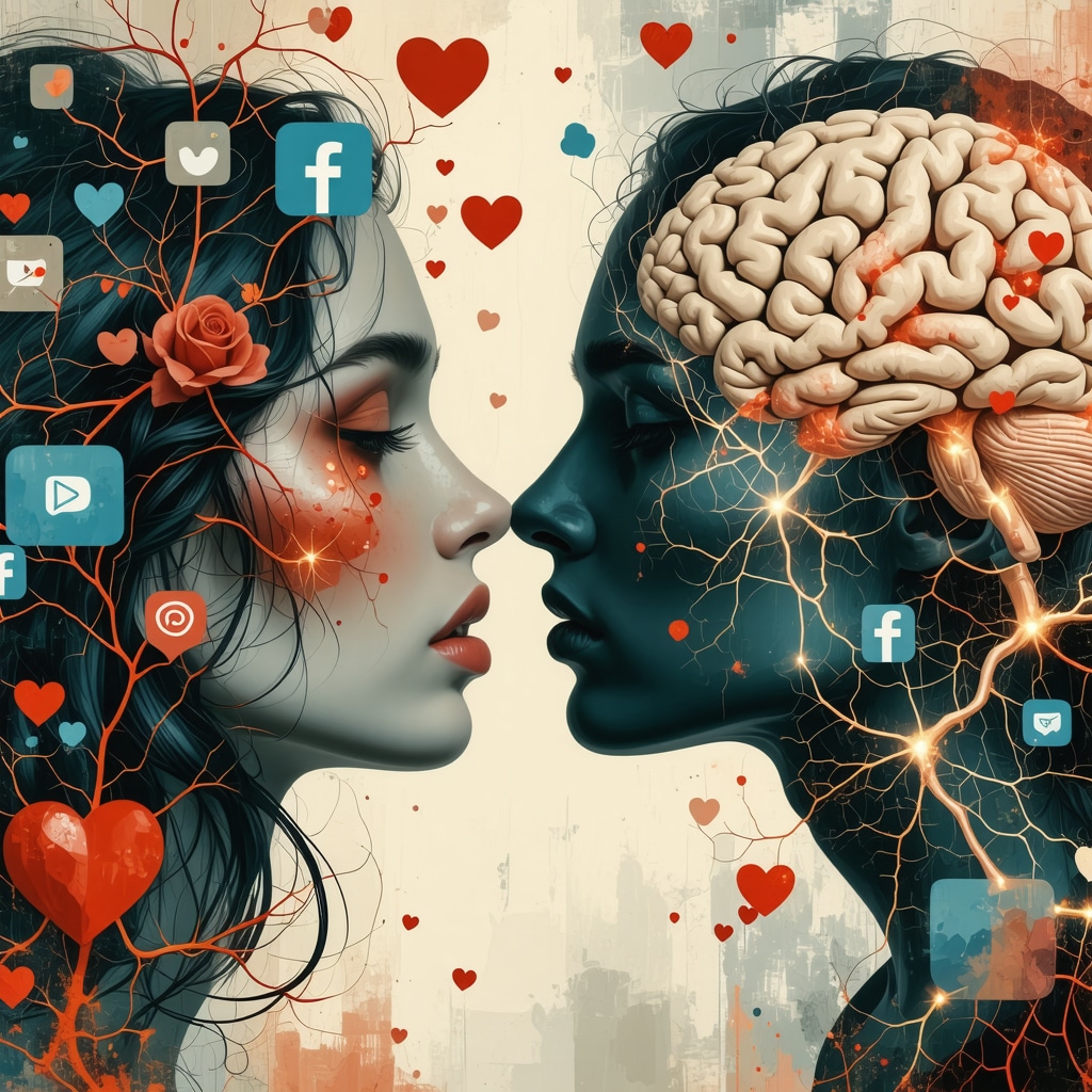 Intersección entre neurociencia y cultura digital en mitos de amor Collage simbólico que integra neuronas, iconos de redes sociales y símbolos románticos tradicionales representando mitos y presagios de amor