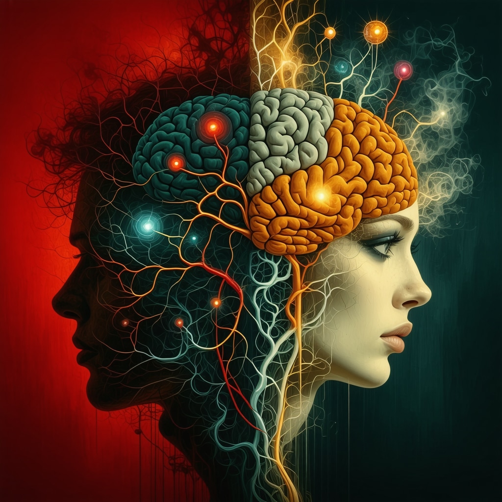 Ilustración conceptual que muestra conexiones neuronales fusionadas con símbolos culturales tradicionales y elementos de relatos de terror