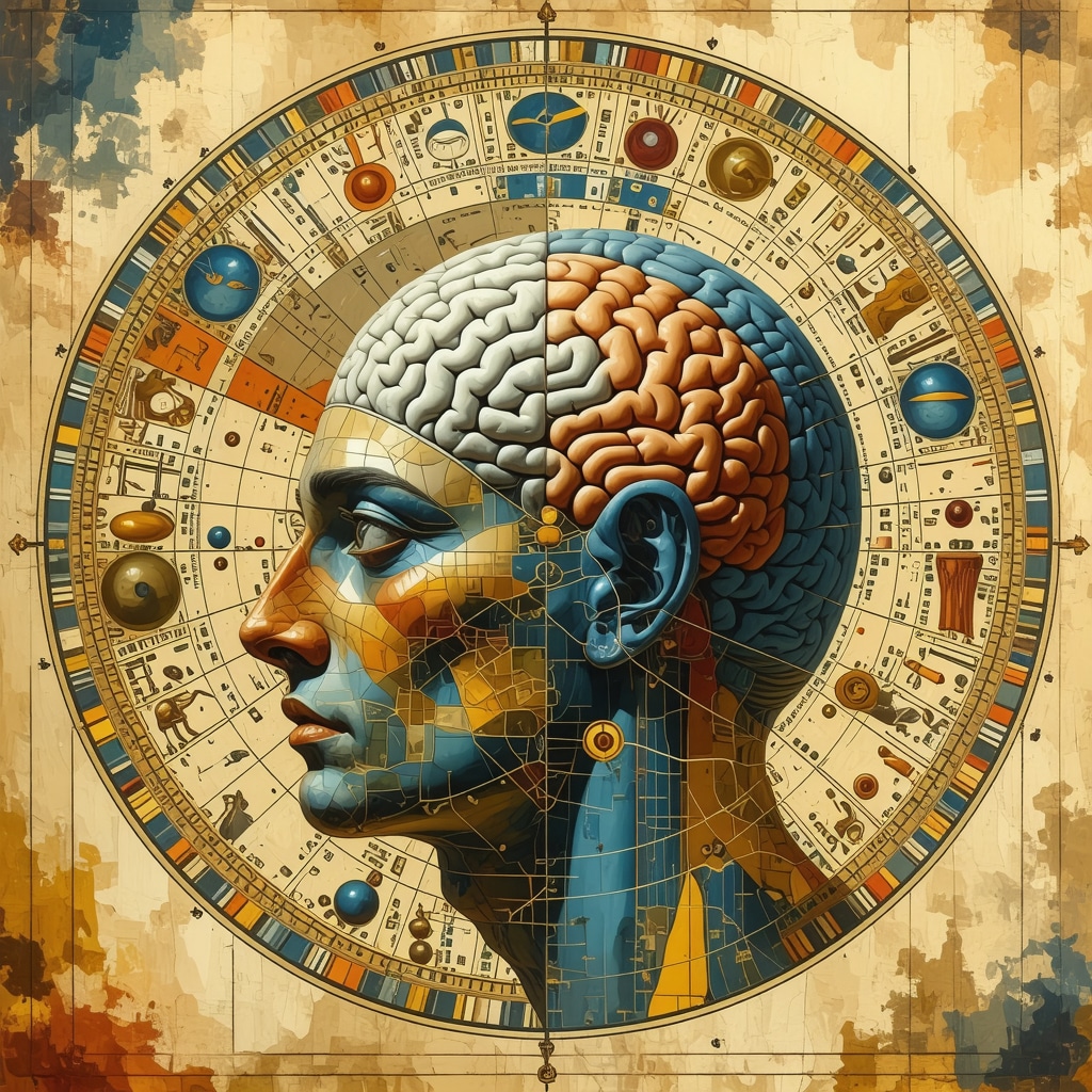 Digital art showing Egyptian star charts overlayed with brain neuroimaging to illustrate ancient spirituality and neuroscience connection
