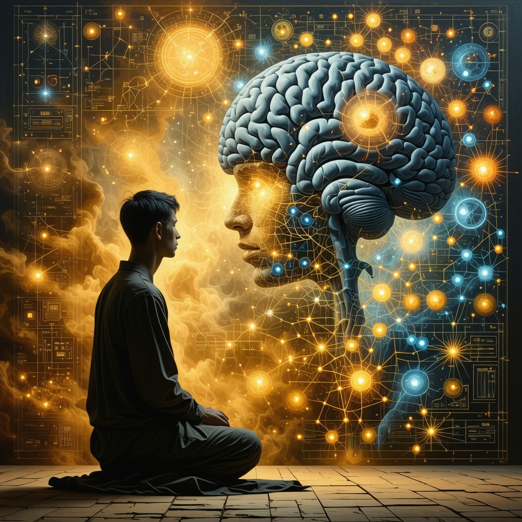 Intersection of Myth, Culture, and Neuroscience Person contemplating ancient symbols integrated with scientific and neurological imagery