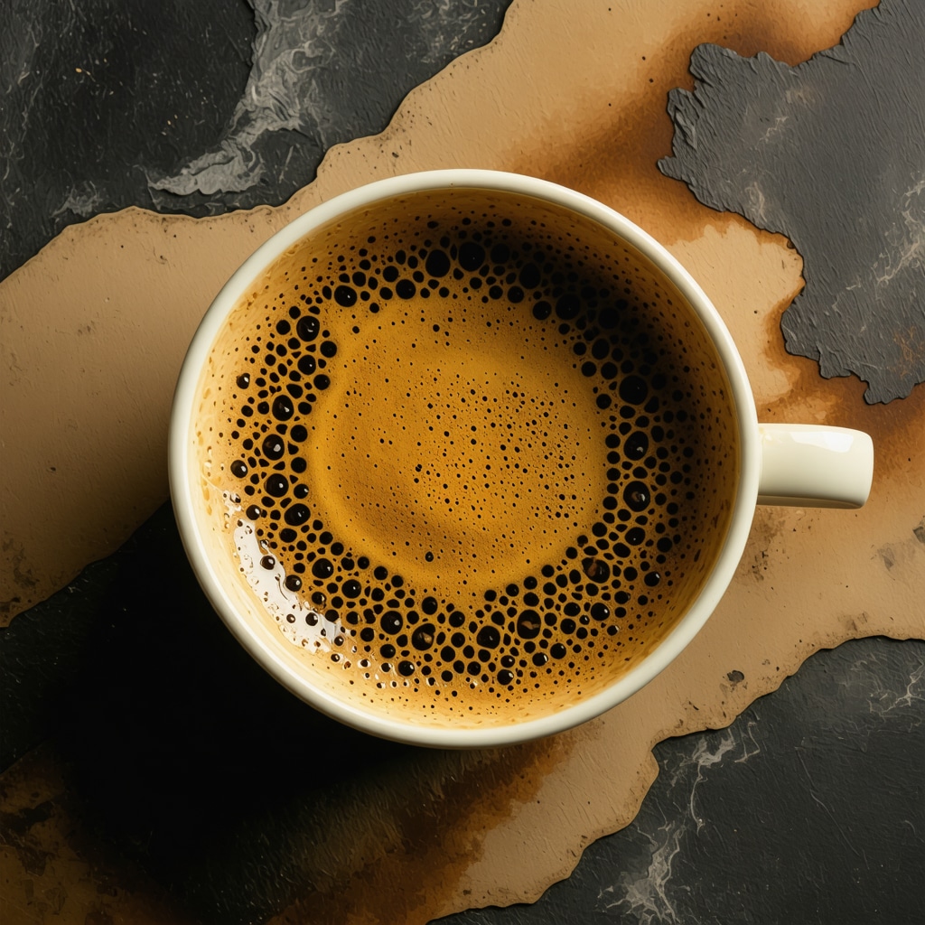 Close-up view of coffee cup with intricate coffee grounds patterns revealing symbolic shapes
